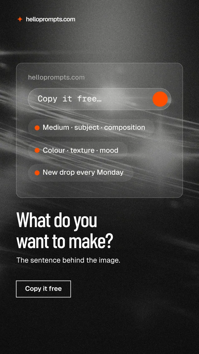 Instagram story for HelloPrompts: "What do you want to make?" Dark deco style, bottom layout, dark palette in black, grey.