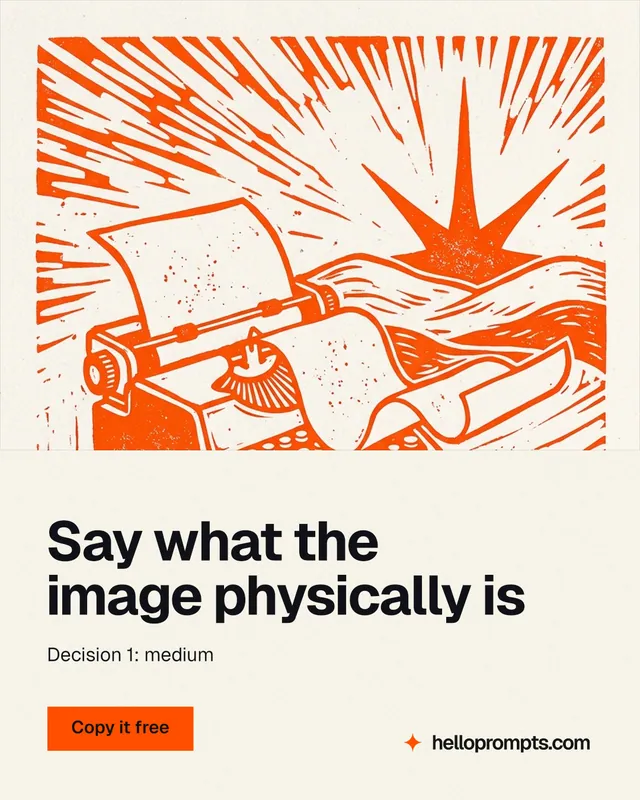 Instagram portrait post for HelloPrompts: "Say what the image physically is". Swiss style, bottom layout, light palette in white, orange.