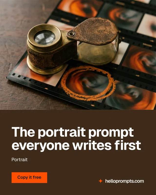Instagram portrait post for HelloPrompts: "The portrait prompt everyone writes first". Swiss style, bottom layout, dark palette in orange, black, grey.