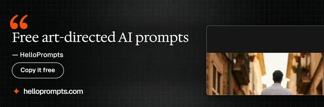 X header for HelloPrompts: "Free art-directed AI prompts". Phosphor atlas style, quote layout, dark palette in black, grey.