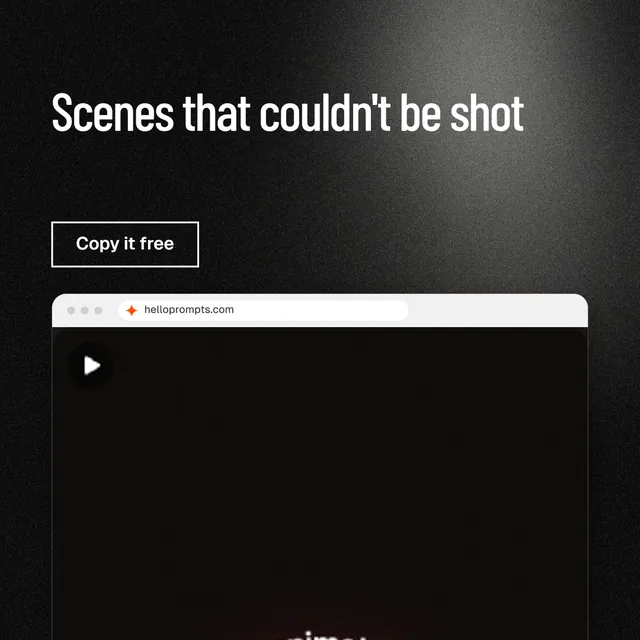 Instagram post for HelloPrompts: "Scenes that couldn't be shot". Dark deco style, browser layout, dark palette in black, grey.