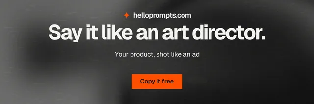 X header for HelloPrompts: "Say it like an art director." Swiss style, centred layout, dark palette in grey, black.