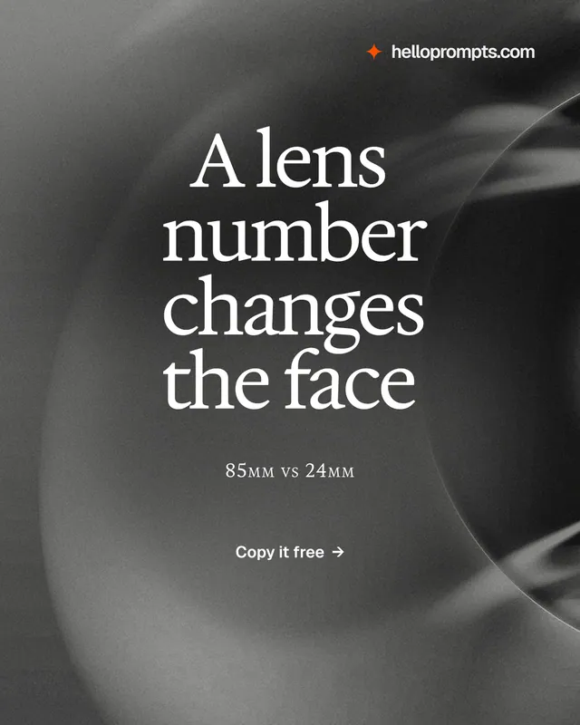 Instagram portrait post for HelloPrompts: "A lens number changes the face". Swiss style, smallcaps layout, dark palette in grey, black.