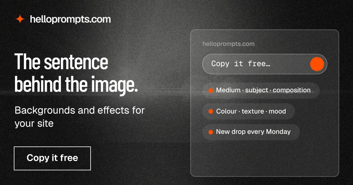 Social ad for HelloPrompts: "The sentence behind the image." Dark deco style, bottom layout, dark palette in black, grey.