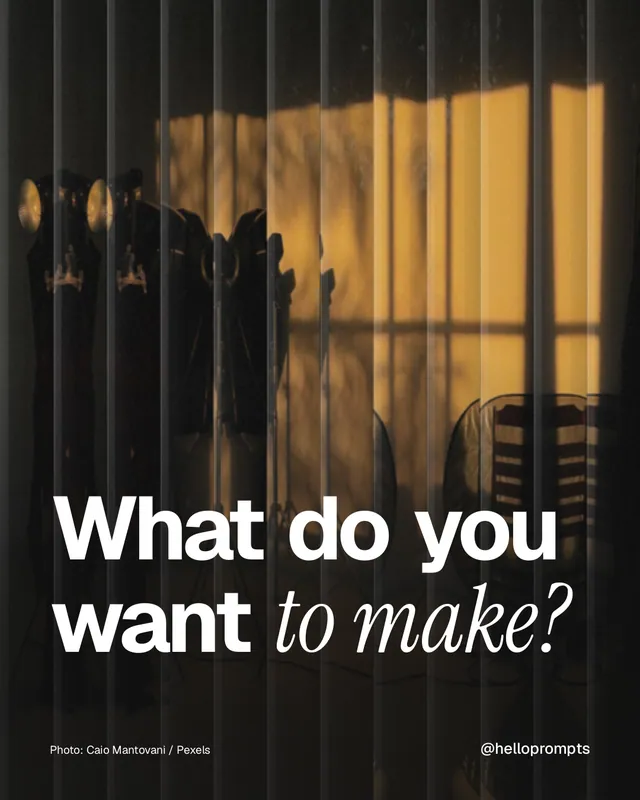 Instagram portrait post for HelloPrompts: "What do you want to make?" Photo style, technique:fluted glass layout, dark palette in brown, black.