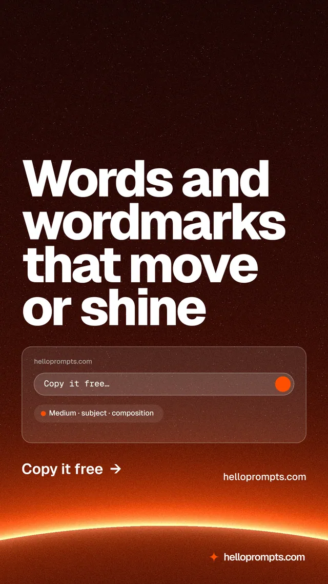 Instagram story for HelloPrompts: "Words and wordmarks that move or shine". Turn card style, poster layout, dark palette in red, black, orange.