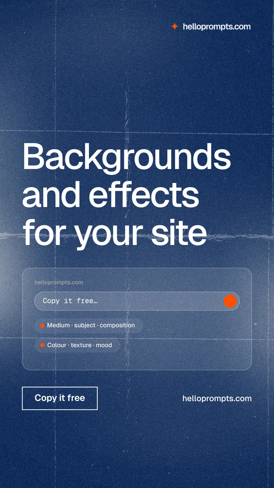 Instagram story for HelloPrompts: "Backgrounds and effects for your site". Cyanotype style, poster layout, dark palette in blue, grey.
