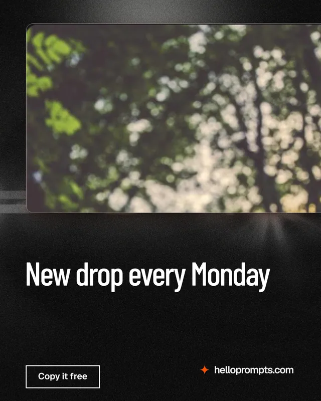 Instagram portrait post for HelloPrompts: "New drop every Monday". Dark deco style, bottom layout, dark palette in grey, black.