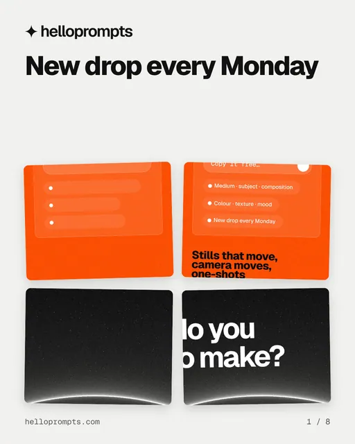 Carousel for HelloPrompts: "New drop every Monday". Collection carousel, 8 slides, light palette.