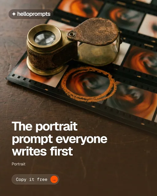 Video for HelloPrompts: "The portrait prompt everyone writes first". Doc motion loop, 7.0 s, dark palette.