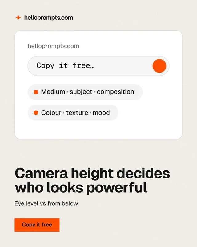 Instagram portrait post for HelloPrompts: "Camera height decides who looks powerful". Swiss style, bottom layout, light palette in white, grey.