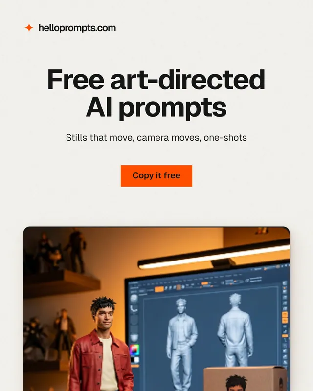 Instagram portrait post for HelloPrompts: "Free art-directed AI prompts". Swiss style, centred layout, light palette in white, grey.