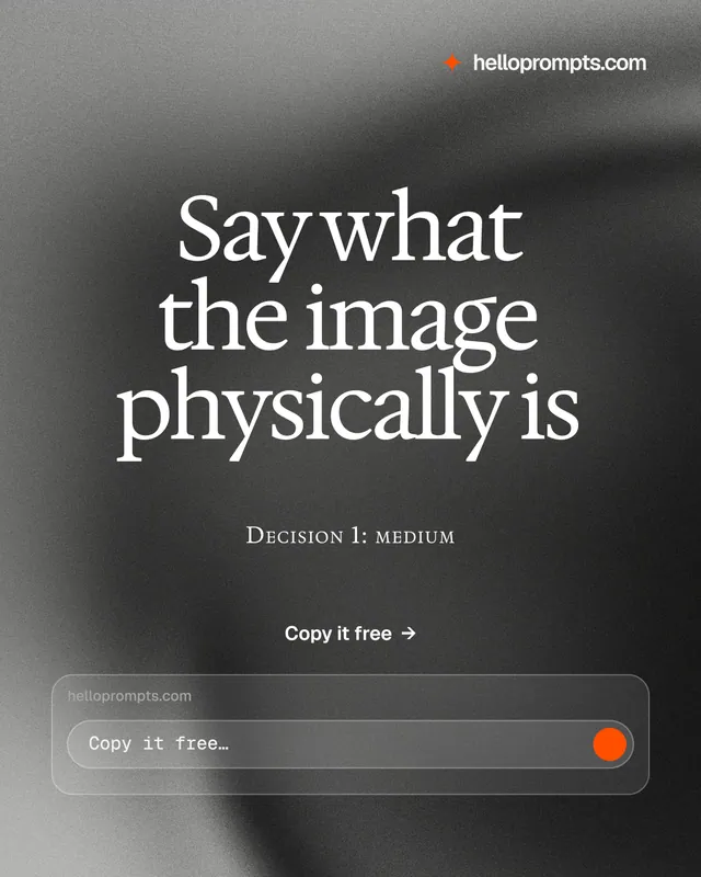 Instagram portrait post for HelloPrompts: "Say what the image physically is". Swiss style, smallcaps layout, dark palette in black, grey.