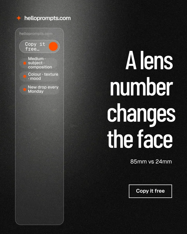 Instagram portrait post for HelloPrompts: "A lens number changes the face". Dark deco style, right layout, dark palette in black, grey.
