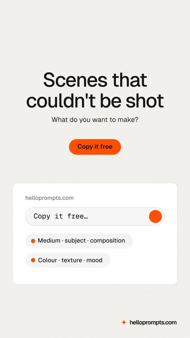 Instagram story for HelloPrompts: "Scenes that couldn't be shot". Data card style, centred layout, light palette in white, orange.