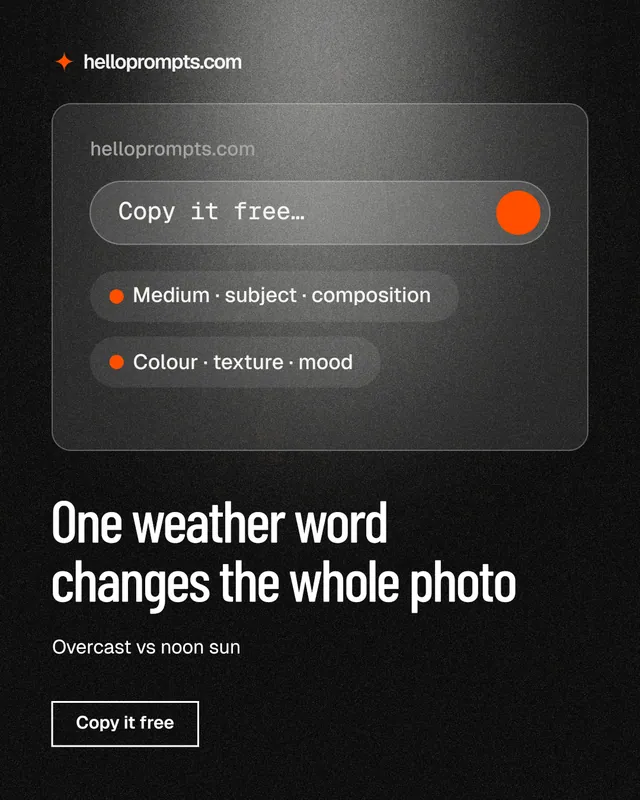 Instagram portrait post for HelloPrompts: "One weather word changes the whole photo". Dark deco style, bottom layout, dark palette in black, grey.