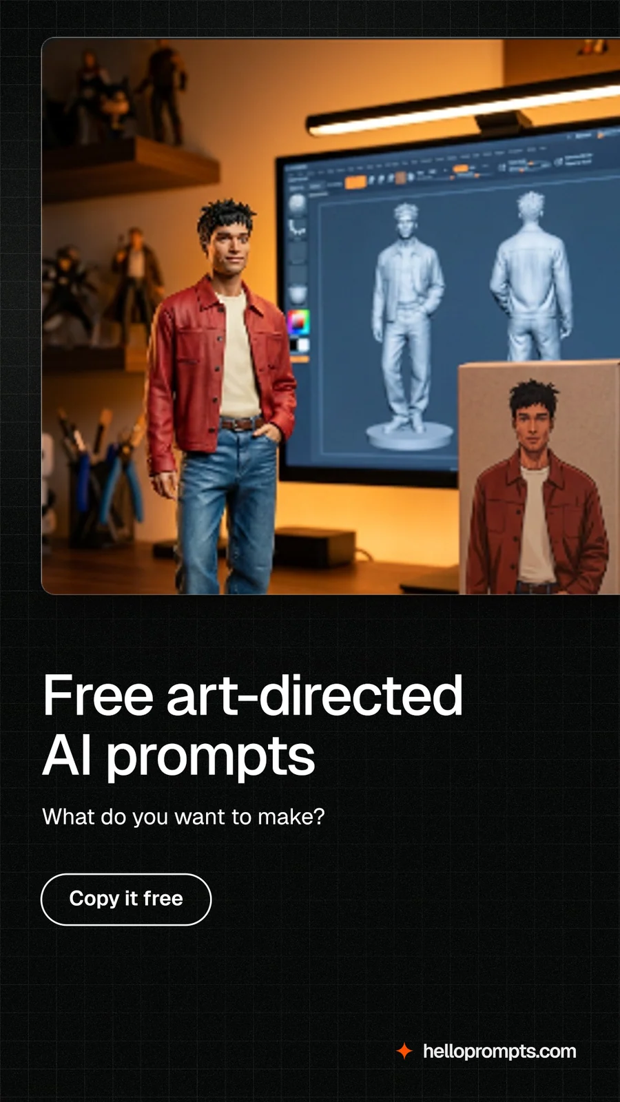 Instagram story for HelloPrompts: "Free art-directed AI prompts". Phosphor atlas style, bottom layout, dark palette in red, black, grey.