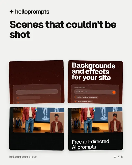 Carousel for HelloPrompts: "Scenes that couldn't be shot". Collection carousel, 8 slides, light palette.