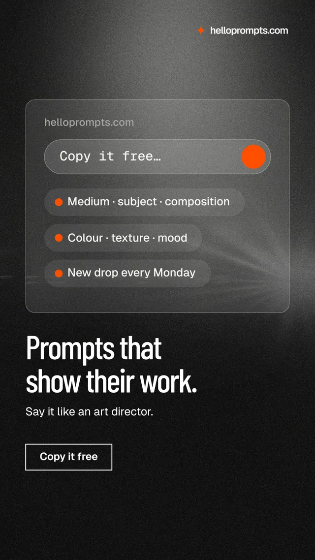 Instagram story for HelloPrompts: "Prompts that show their work." Dark deco style, bottom layout, dark palette in grey, black.