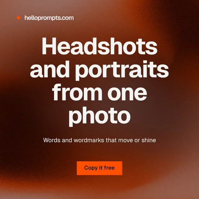 Instagram post for HelloPrompts: "Headshots and portraits from one photo". Swiss style, centred layout, dark palette in red, orange, grey.