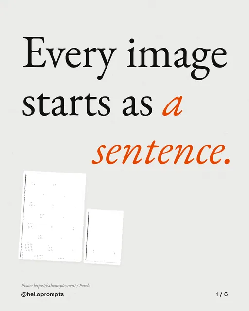 Carousel for HelloPrompts: "Every image starts as a sentence.". Cutout essay, 6 slides, light palette.