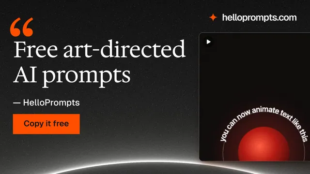 Landscape graphic for HelloPrompts: "Free art-directed AI prompts". Swiss style, quote layout, dark palette in black, grey, red.