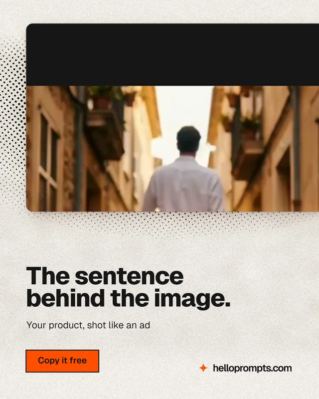 Instagram portrait post for HelloPrompts: "The sentence behind the image." Ink sticker style, bottom layout, light palette in orange, white.