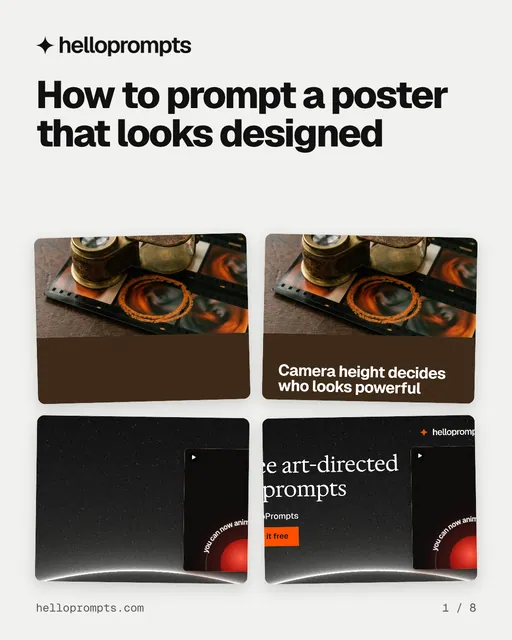 Carousel for HelloPrompts: "How to prompt a poster that looks designed". Collection carousel, 8 slides, light palette.