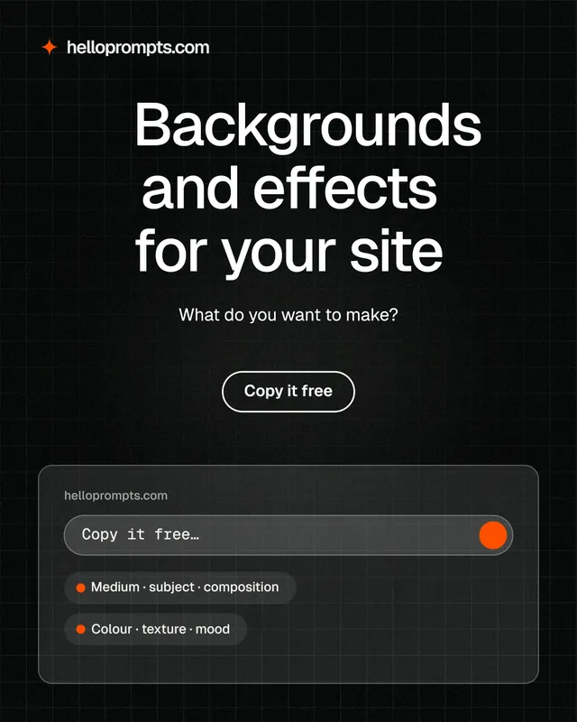 Instagram portrait post for HelloPrompts: "Backgrounds and effects for your site". Phosphor atlas style, centred layout, dark palette in black, grey.