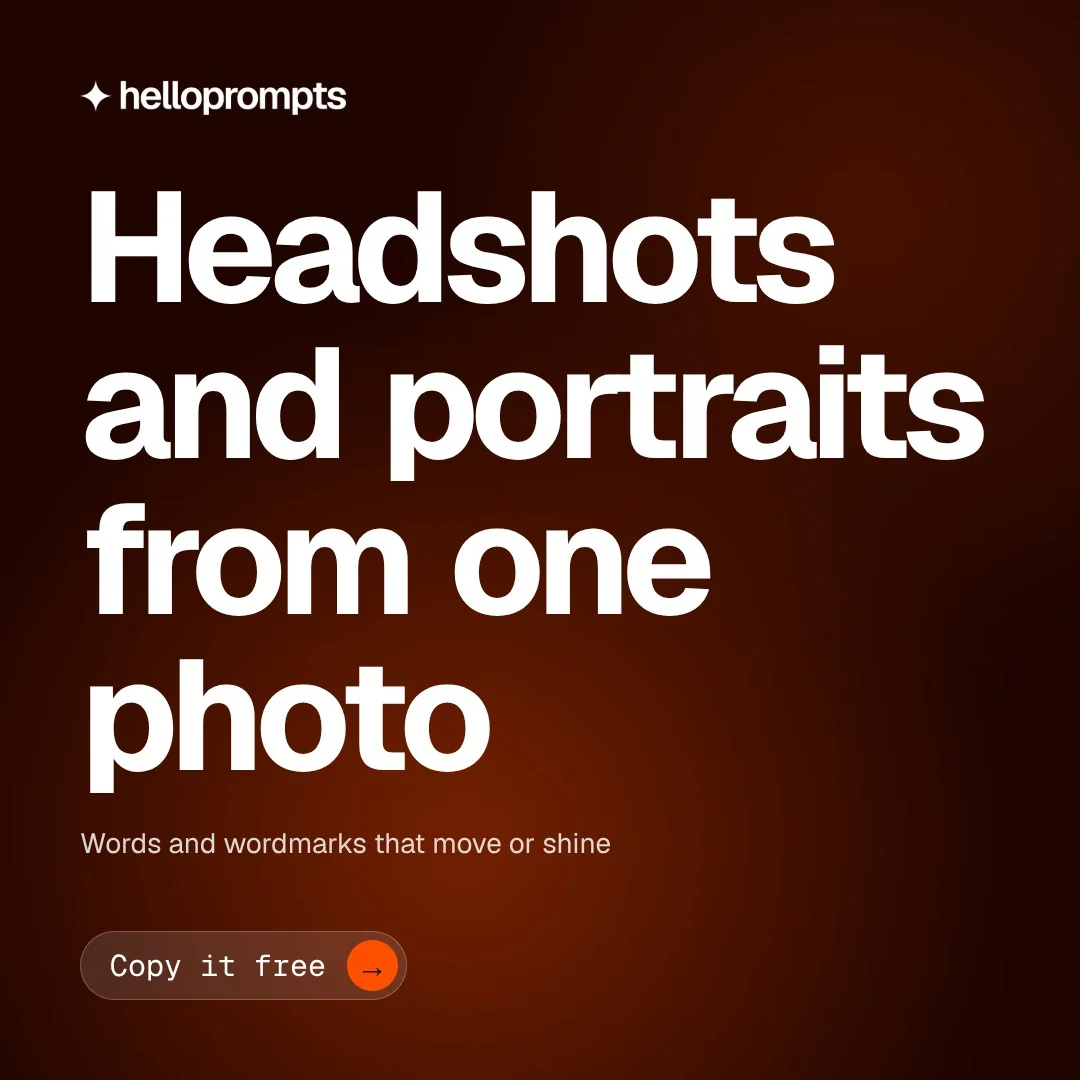 Video for HelloPrompts: "Headshots and portraits from one photo". Doc motion loop, 8.0 s, dark palette.