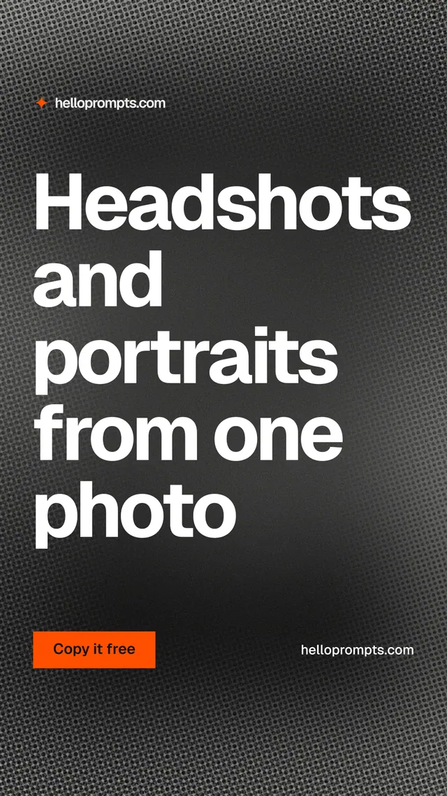 Instagram story for HelloPrompts: "Headshots and portraits from one photo". Swiss style, poster layout, dark palette in black, grey.