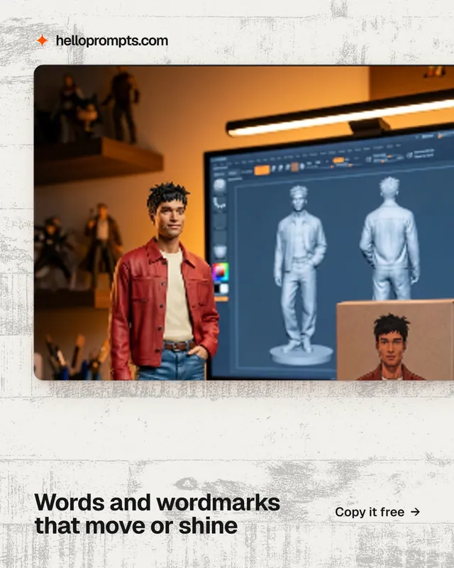 Instagram portrait post for HelloPrompts: "Words and wordmarks that move or shine". Swiss style, image led layout, light palette in grey, red, white.