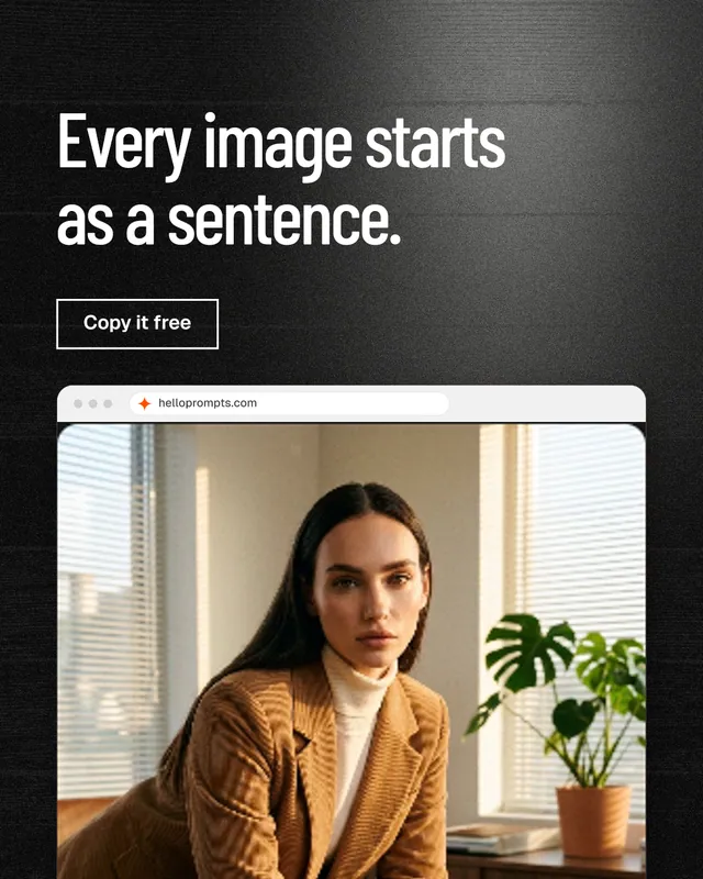 Instagram portrait post for HelloPrompts: "Every image starts as a sentence." Dark deco style, browser layout, dark palette in black, grey, orange.