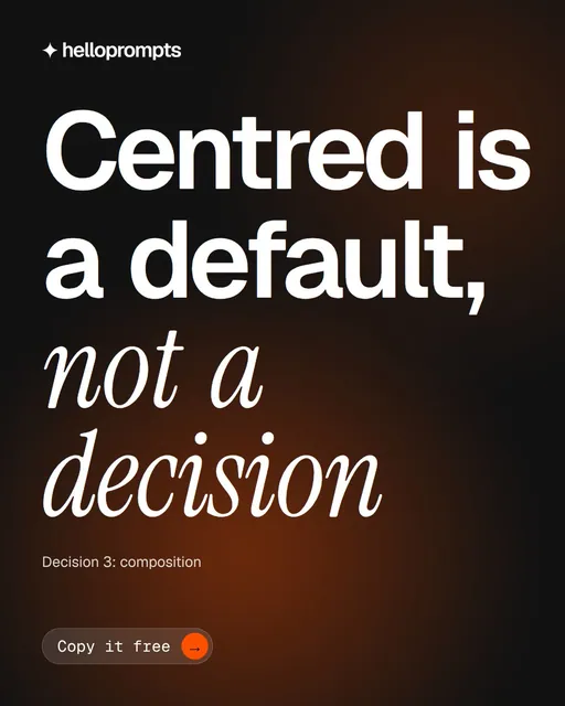 Video for HelloPrompts: "Centred is a default, not a decision". Doc motion loop, 6.0 s, dark palette.