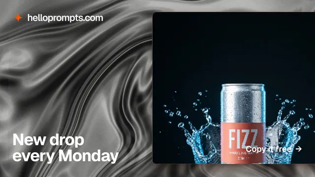 Landscape graphic for HelloPrompts: "New drop every Monday". Swiss style, image led layout, dark palette in black, grey.