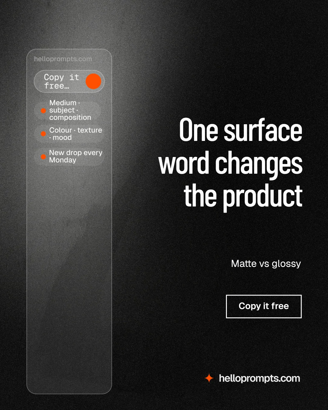Instagram portrait post for HelloPrompts: "One surface word changes the product". Dark deco style, right layout, dark palette in black, grey.
