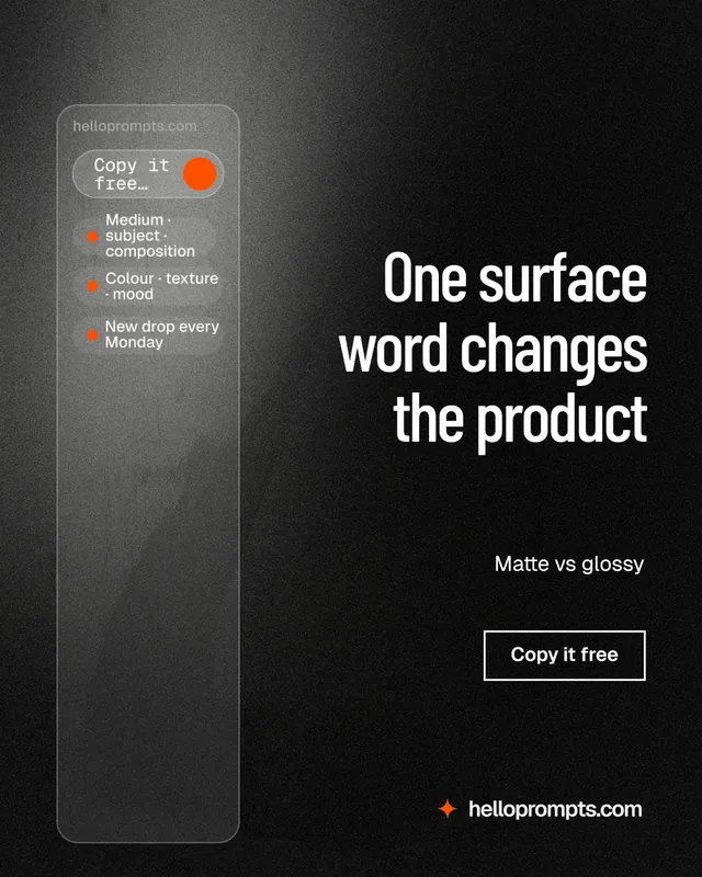 Instagram portrait post for HelloPrompts: "One surface word changes the product". Dark deco style, right layout, dark palette in black, grey.