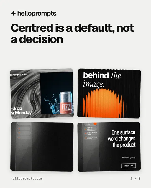 Carousel for HelloPrompts: "Centred is a default, not a decision". Collection carousel, 8 slides, light palette.