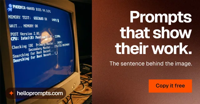 Social ad for HelloPrompts: "Prompts that show their work." Swiss style, right layout, dark palette in red, blue, orange.