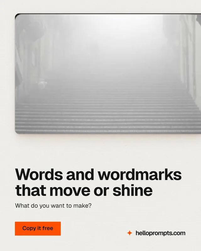 Instagram portrait post for HelloPrompts: "Words and wordmarks that move or shine". Swiss style, bottom layout, light palette in white, grey.
