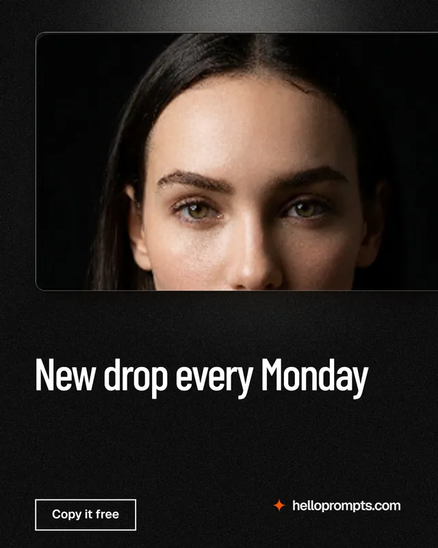 Instagram portrait post for HelloPrompts: "New drop every Monday". Dark deco style, bottom layout, dark palette in black, orange.