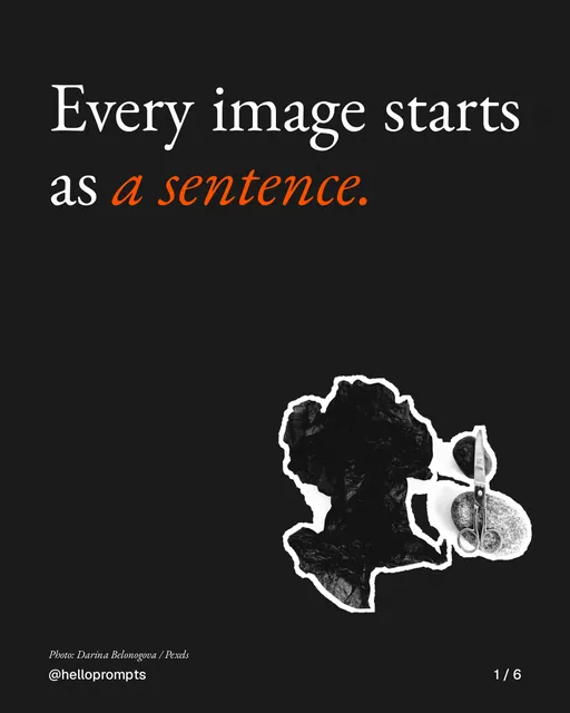 Carousel for HelloPrompts: "Every image starts as a sentence.". Cutout essay, 6 slides, dark palette.