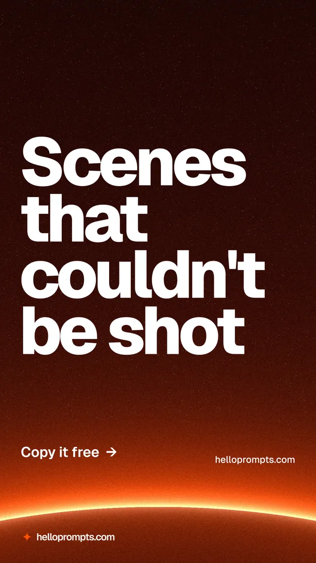 Instagram story for HelloPrompts: "Scenes that couldn't be shot". Turn card style, poster layout, dark palette in red, black, orange.