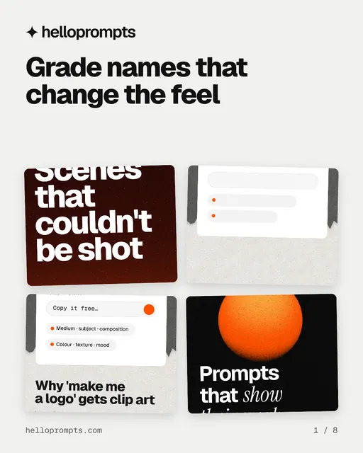 Carousel for HelloPrompts: "Grade names that change the feel". Collection carousel, 8 slides, light palette.