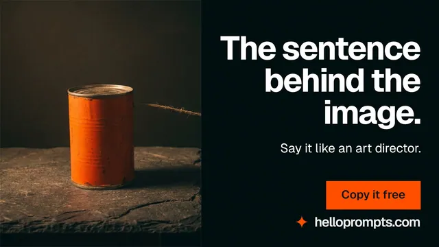 Landscape graphic for HelloPrompts: "The sentence behind the image." Swiss style, right layout, dark palette in black, yellow, orange.