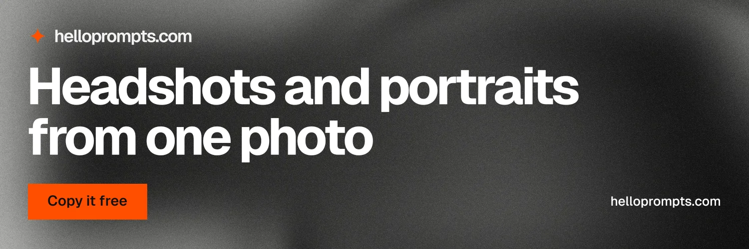 X header for HelloPrompts: "Headshots and portraits from one photo". Swiss style, poster layout, dark palette in black, grey.