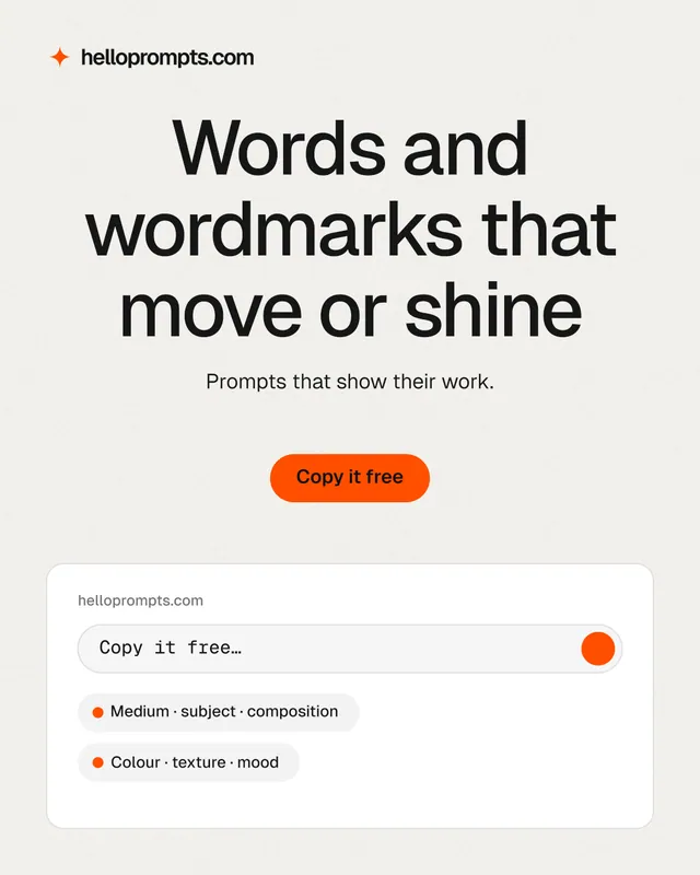 Instagram portrait post for HelloPrompts: "Words and wordmarks that move or shine". Data card style, centred layout, light palette in white, grey.