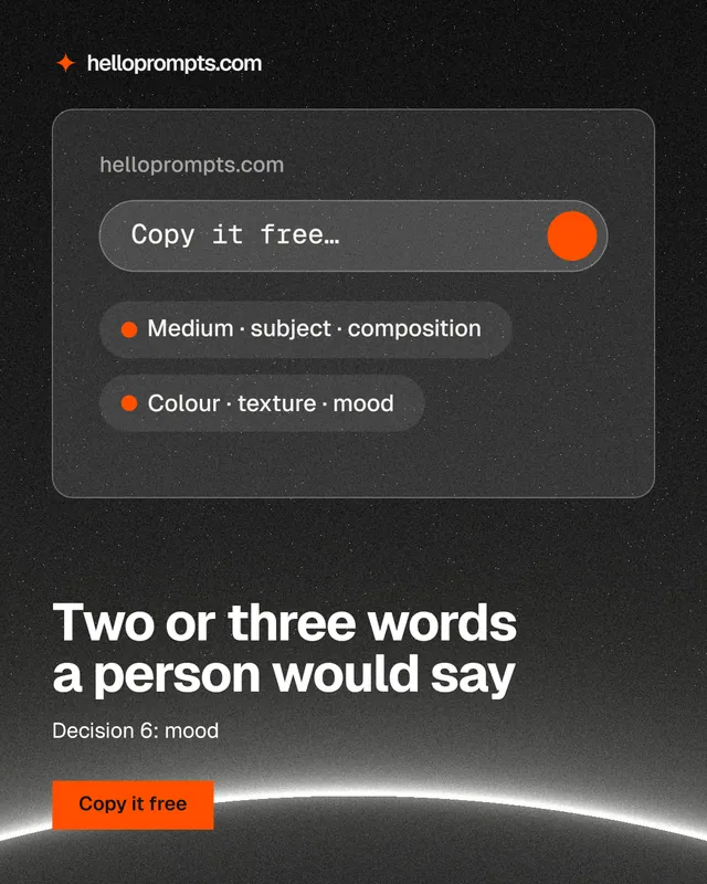Instagram portrait post for HelloPrompts: "Two or three words a person would say". Swiss style, bottom layout, dark palette in black, grey.