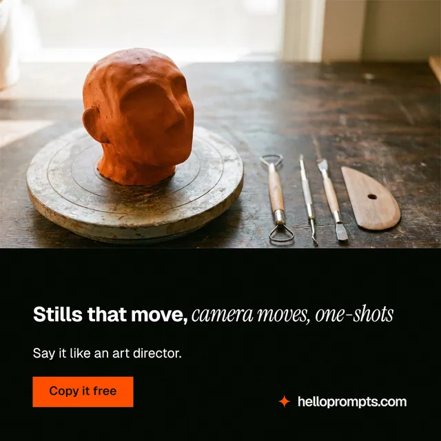 Instagram post for HelloPrompts: "Stills that move, camera moves, one-shots". Swiss style, bottom layout, dark palette in white, black, orange.