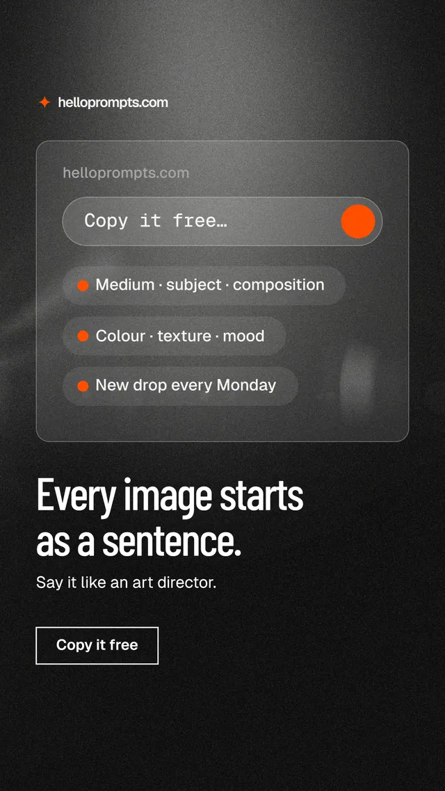 Instagram story for HelloPrompts: "Every image starts as a sentence." Dark deco style, bottom layout, dark palette in grey, black.